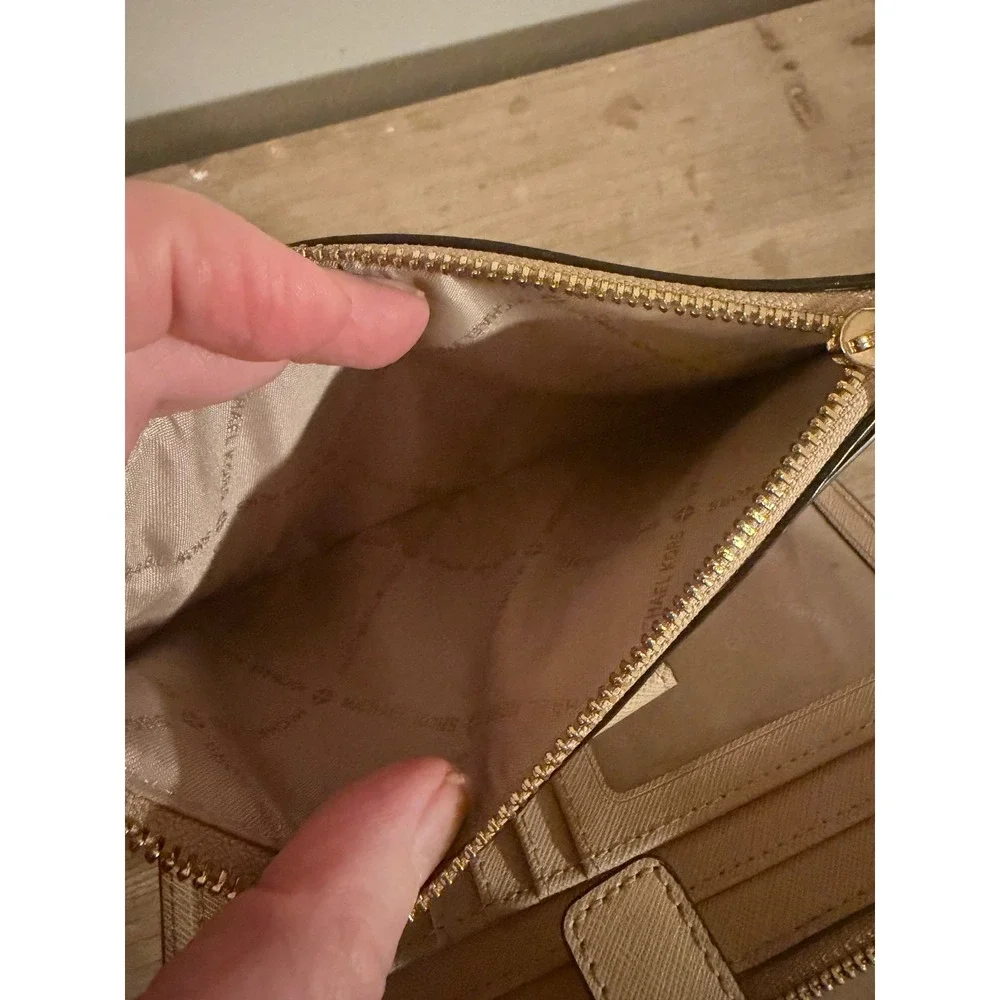 Michael Kors Adele Double Zip Wristlet Beige Saffiano‎ Leather Wallet Clutch